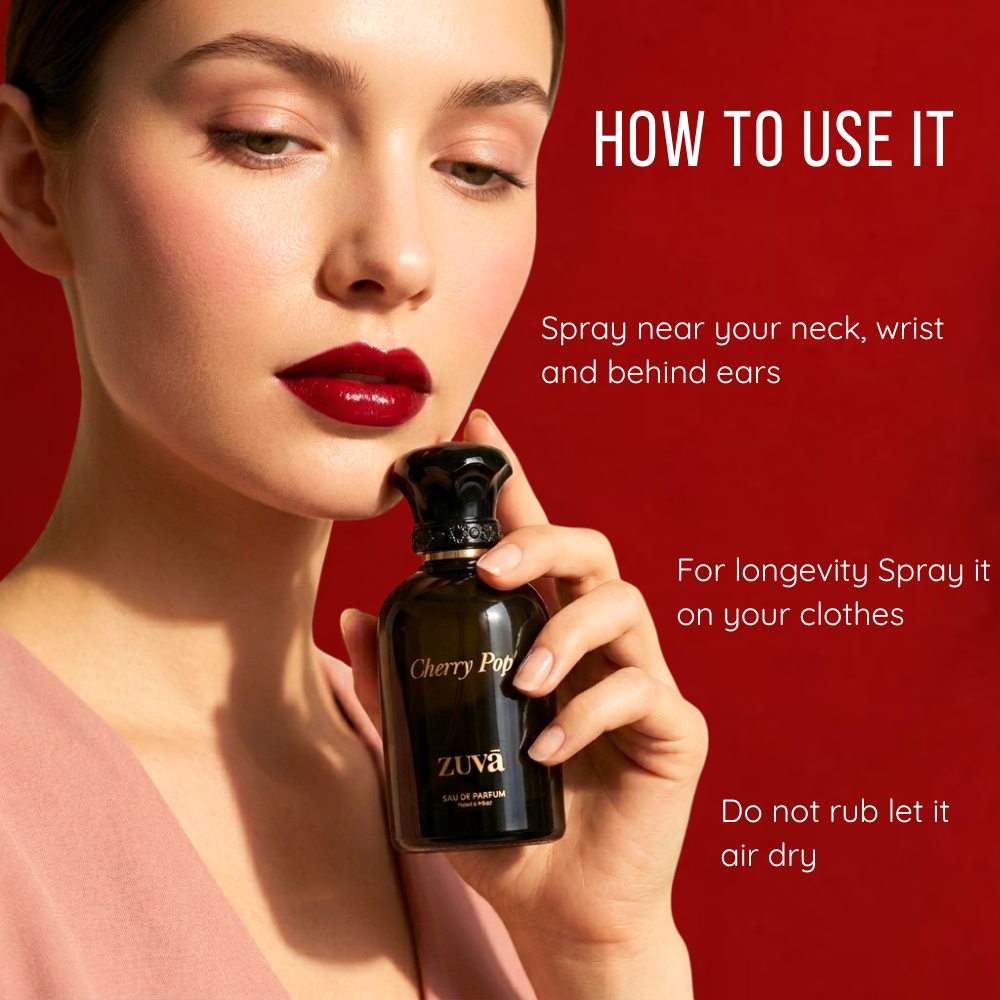 Woman holding a perfume bottle with usage instructions on a red background