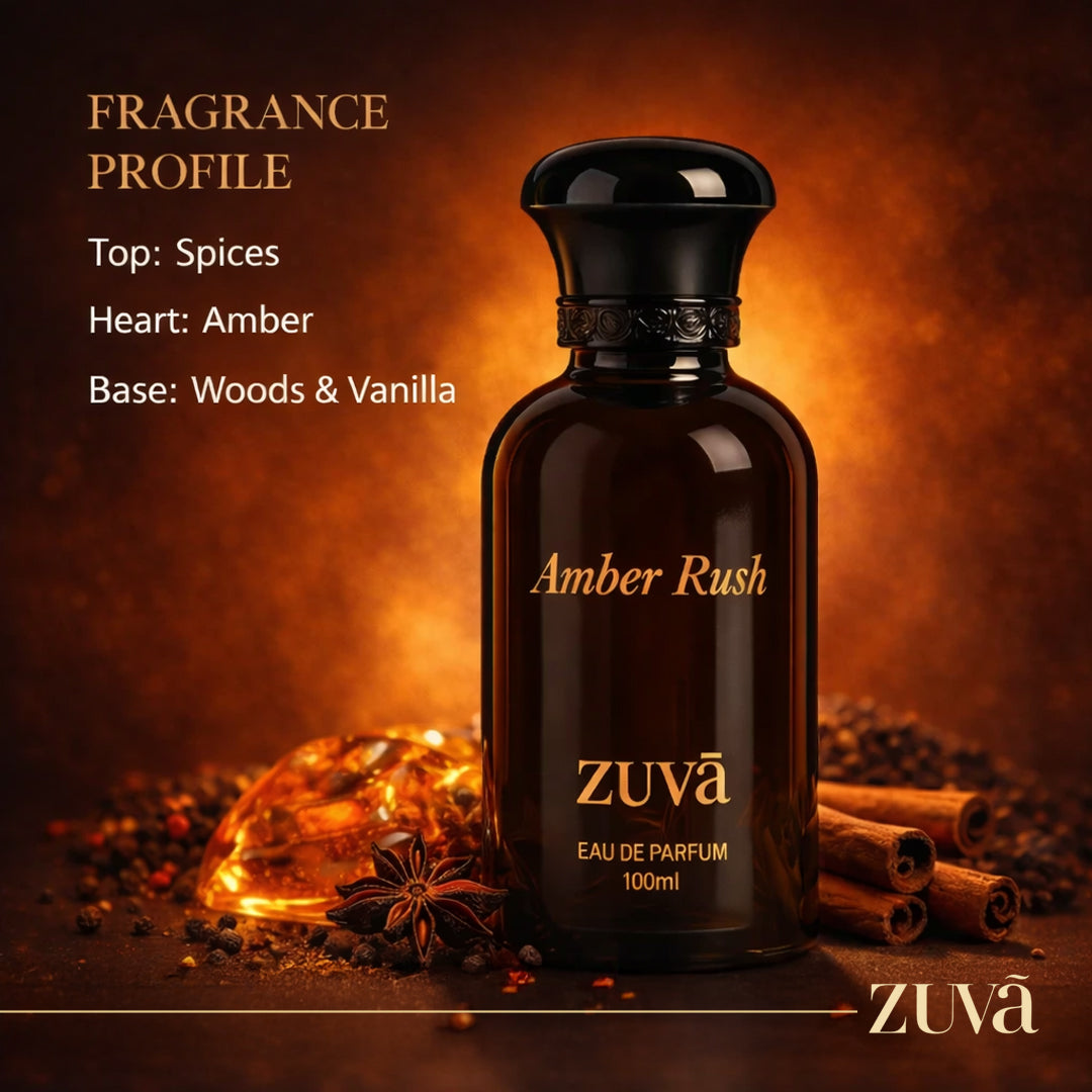 ZUVA Perfumes Amber Rush Eau de Parfum 100ml – Spicy Amber Perfume for Men | Long-Lasting Oriental Fragrance with Vanilla & Pink Pepper