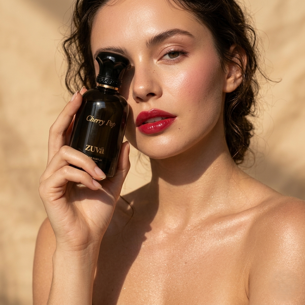 Woman holding a black perfume bottle labeled 'Cherry Pop' by ZUVA against a beige background