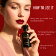 Woman holding a perfume bottle with usage instructions on a red background