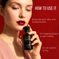 Woman holding a perfume bottle with usage instructions on a red background