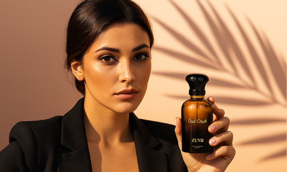 Woman holding ZUVA Oud Crush perfume bottle against a warm beige background with palm shadows